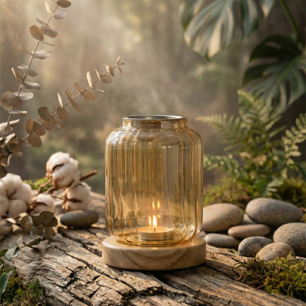 Side profile of Wispoak Vintage Lantern Warmer showing brass mesh crown and glass body