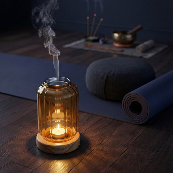 Wispoak Vintage Lantern Warmer glowing softly in a dim bedroom setting