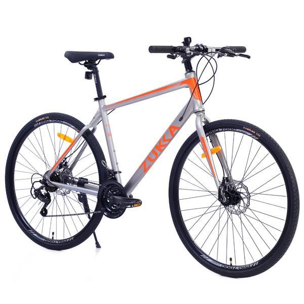 28 inch Hybrid Bike Men, Road Bike with Shimano 21 Speed, 700C Wheels, Comfort Adult Bicycle with Dual Disc Brake, 21” Lightweight Aluminium Frame, Suggested Rider 5’6′′ to 6’2′′ Tall- Silver+Orange