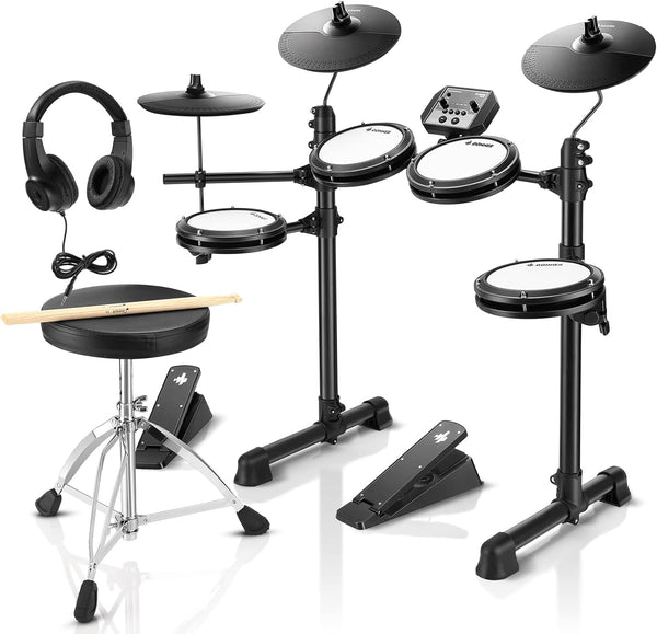 DED-80 Electronic Drum Set, Electric Drum Set for Beginner with 4 Quiet Mesh Drum Pads, 2 Switch Pedal, 180+ Sounds, Throne, On-Ear Headphones, Sticks, and Melodics Lessons Included.