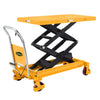 Hydraulic lifting table trolley – load capacity 350 kg, maximum height 130 cm, double scissor lift table with safety device and 4 wheels