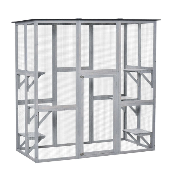 PawHut Wooden Catio Enclosure with Weather Protection, 6 Platforms, Outdoor, Large, 71" x 38.5" x 71"