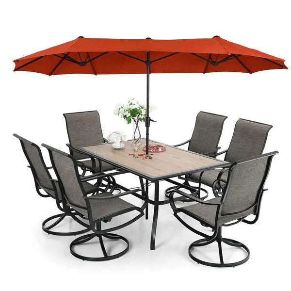 8-piece patio dining set with parasol, garden furniture set with 6 swivel dining chairs with mesh covers