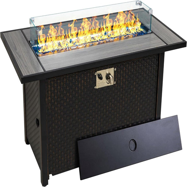 Walsunny 45′′ Steel Propane Fire Pit Table, 50,000 BTU, Rattan Design, 2-in-1 Patio Table with Lid, Lava Rock, and Glass Wind Guard