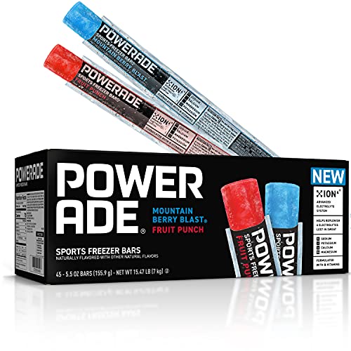 2025 POWERADE Sports Freezer Bars Giant Sized 5.5 oz Refreshing Ice Pops with Electrolytes B Vitamins – Naturally Flavored Mountain Berry Blast and Fruit Punch 45 Total Freezer Bars