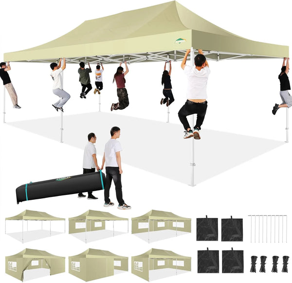 10x20 Heavy Duty Pop up Canopy Tent with 6 sidewalls Easy Up Commercial Outdoor Canopy Wedding Party Tents for Parties All Season Wind & Waterproof Gazebo with Roller Bag,Black(Frame Thickened)