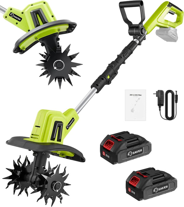 22V Cordless Electric Garden Tiller Cultivator, Lightweight Rototiller for Gardening, 9-Inch Tilling Width, 6.3-Inch Depth for Soil Preparation, Weeding, and Gardening 2 Batteries SK-TC18B