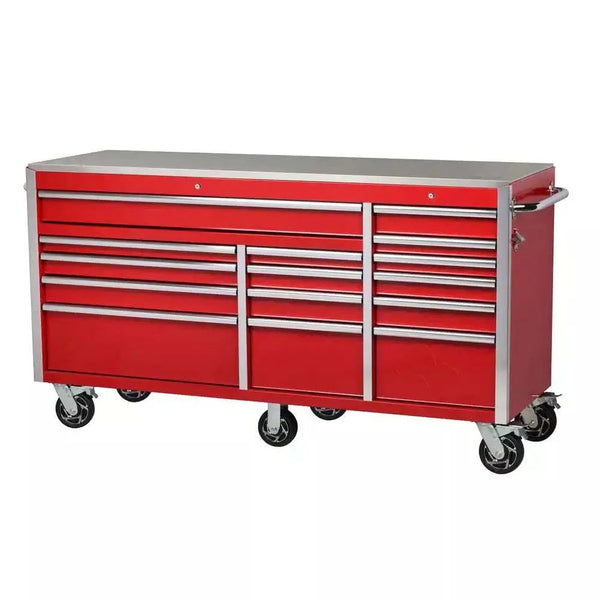 Heavy-Duty 72 in. W x 24 in. D 15-Drawer Tool Chest Stainless Steel Top and Dual Locks Mobile Workbench