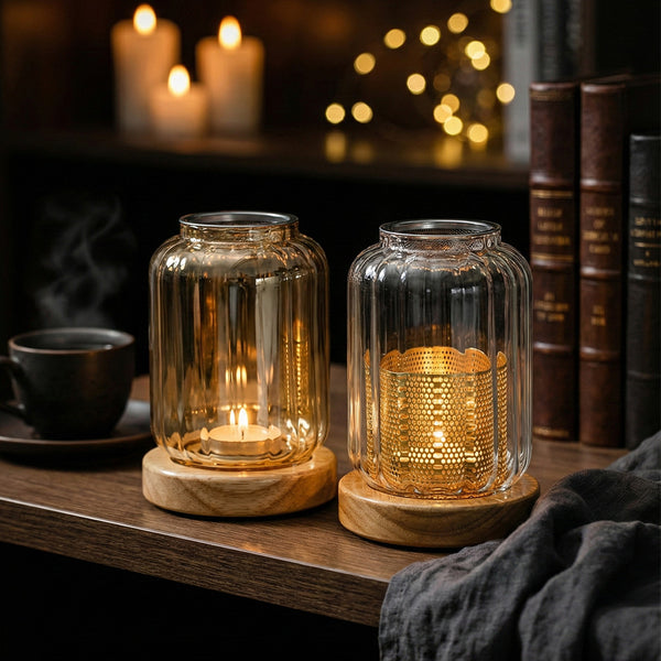 Wispoak Lantern Warmer unboxed with tealight candles and wood chips displayed