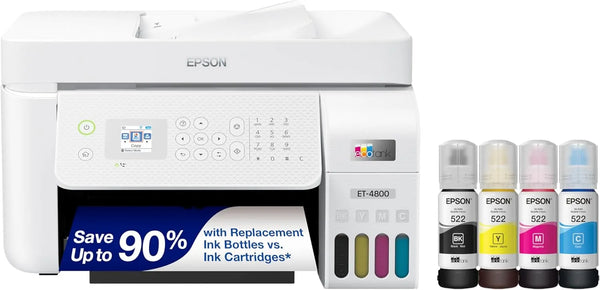 Epson EcoTank ET-4800 Wireless All-in-One Inkjet Printer, Scanner, Copier, Fax, ADF, Ethernet, White