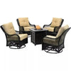 2025 5-piece steel patio fire pit seating set with navy blue cushions, swivel gliders and square fire pit table