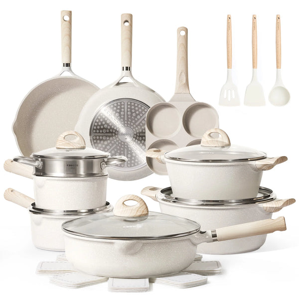 21-Piece Nonstick Cookware Set, Eco-Friendly Granite, Induction Compatible, Beige