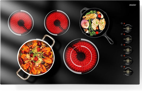 30 Inch - 5 Burners Built-in Ceramic Cooktop, 30" Electric Stove Top with Glass Protection Metal Frame, 9 Heating Level, 8400W, 220-240V for Hard Wire(No Plug)