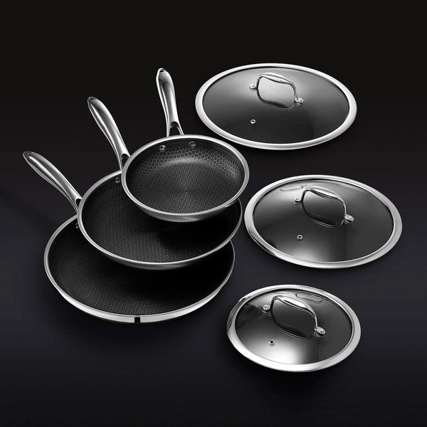 6 Piece Hybrid Stainless Steel Cookware Pan Set 8 inch, 10 inch, 12 inch with Glass Lids, Size: One size, Black