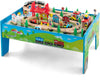 The dual-function wooden children's activity table with storage function, featuring 100 colorful components, tracks, trains, and cars, is a children's train table set suitable for children aged 3 and above. It has a flip-up tabletop and is a gift for