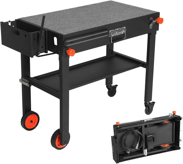 Portable Adjustable Grill Table with Stainless Steel Top – 3 Shelves, Magnetic Tool Holder, Bottle Opener